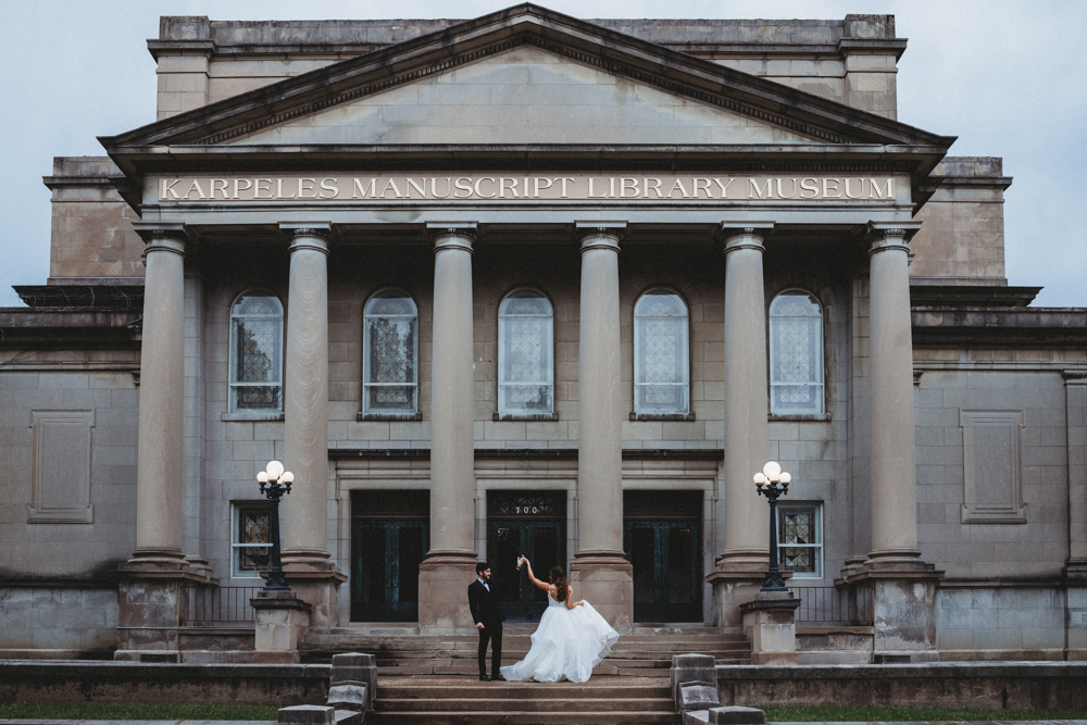 bride and groom at the Karpeles Museum a Quad Cities Wedding Venue